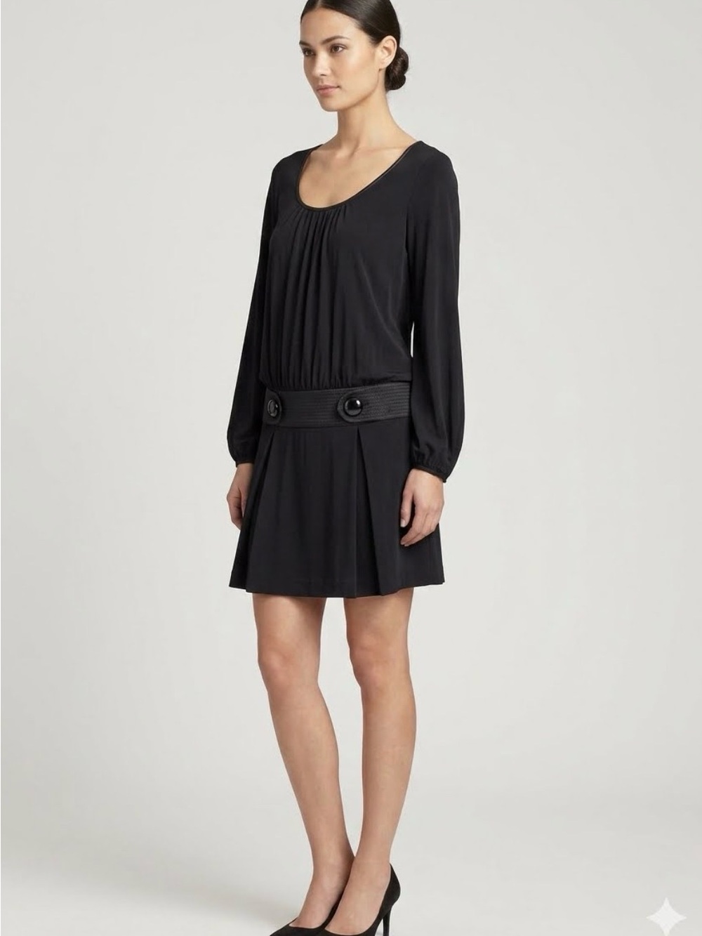 Laundry by Shelli Segal Black LS Dress Sz 8 Rhinestone Buttons Cocktail Career